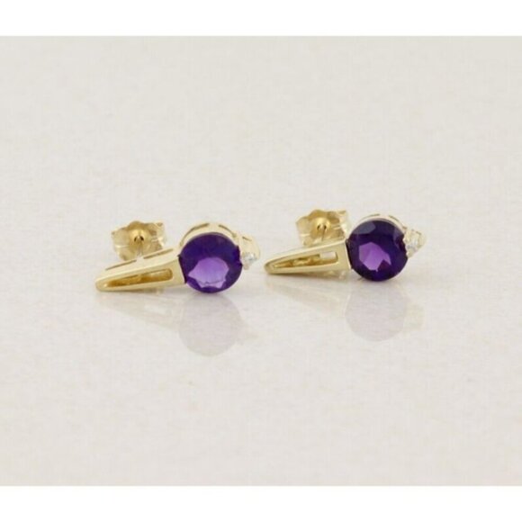 14k Yellow Gold Natural Amethyst & Diamond Earrings Stud Post